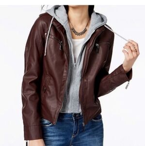 J 2 Women's Vegan Faux Leather & Fur Lined Brown Moto Jacket.  Size L    NWT
